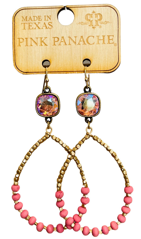 Pink and gold bead teardrop earring, Austrian crystal