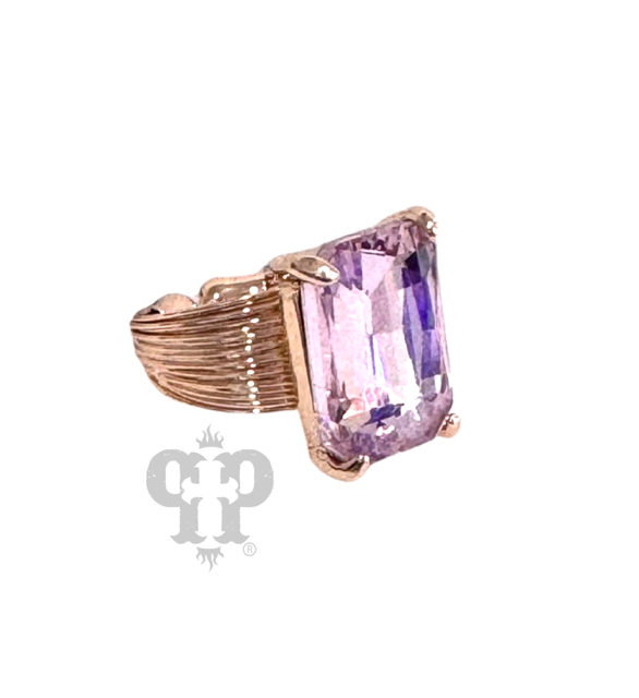 Iridescent pink rectangle rhinestone gold ring