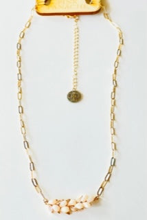 Gold tone paperclip chain necklace with cluster bicone beads