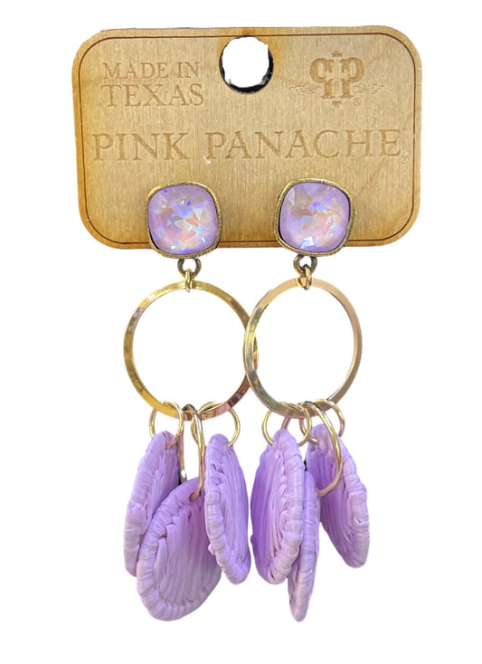 Lilac raffia disc circle earring,  Austrian crystal