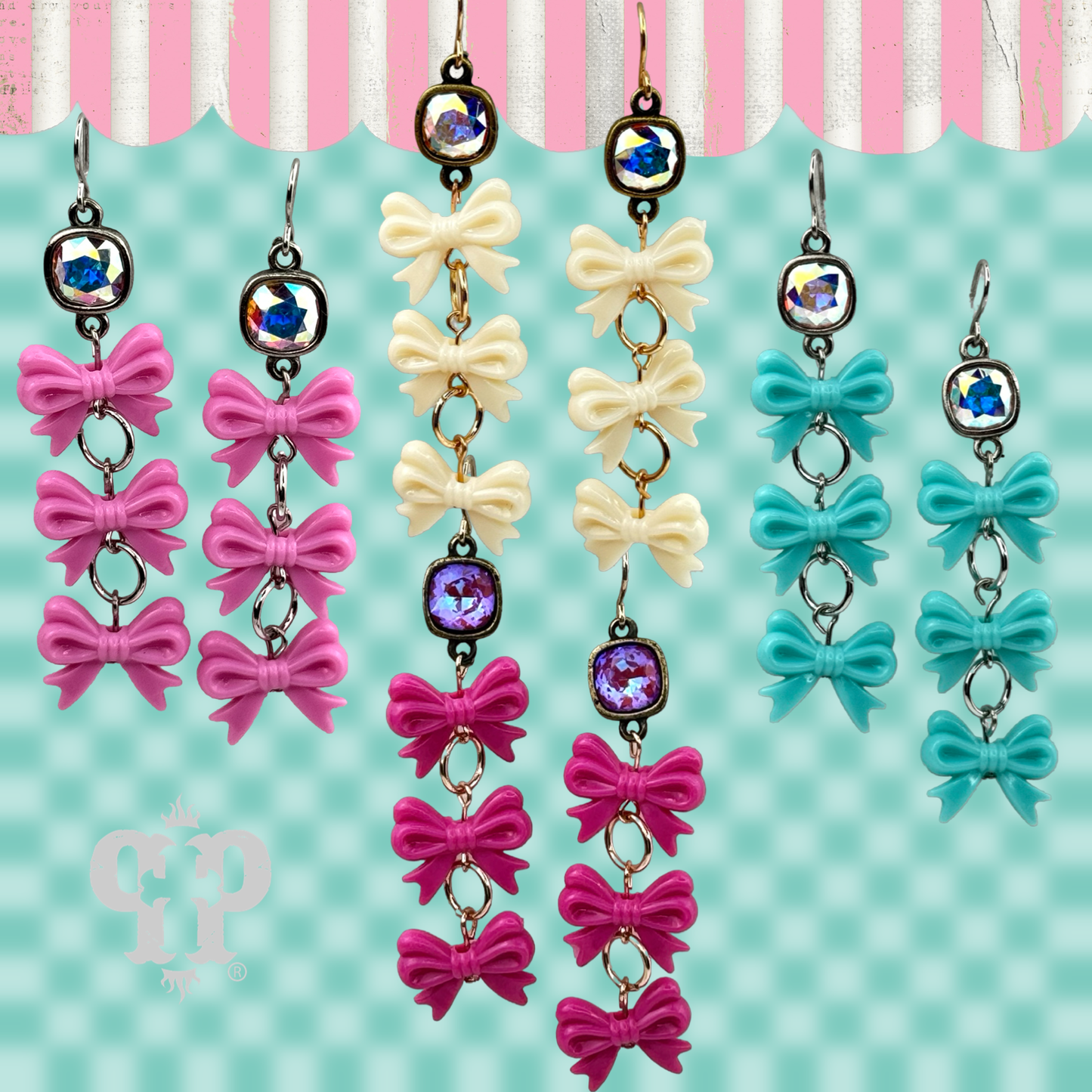 Acrylic triple bow earring, Austrian crystal