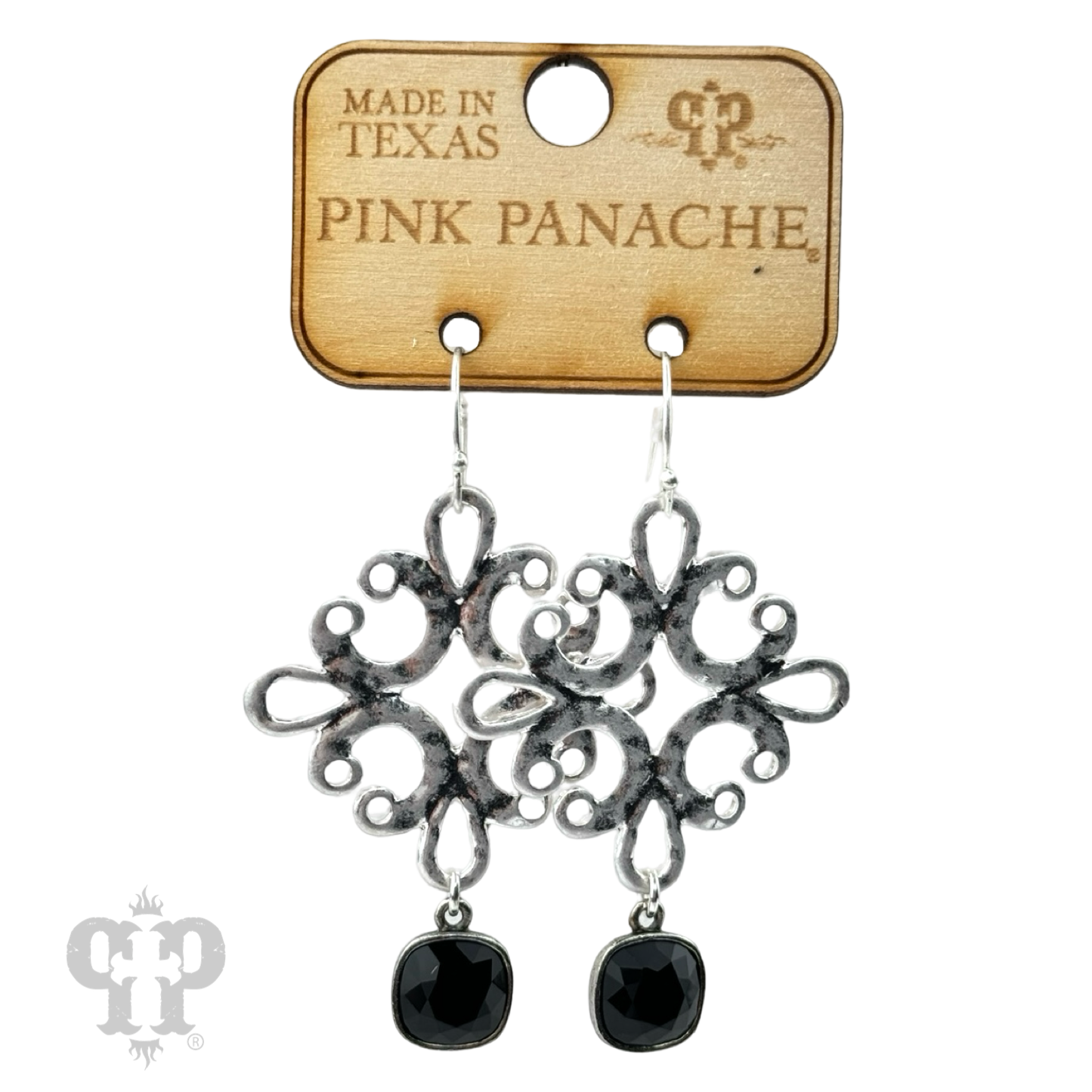 Matte silver scroll dangle earring with Austrian crystal