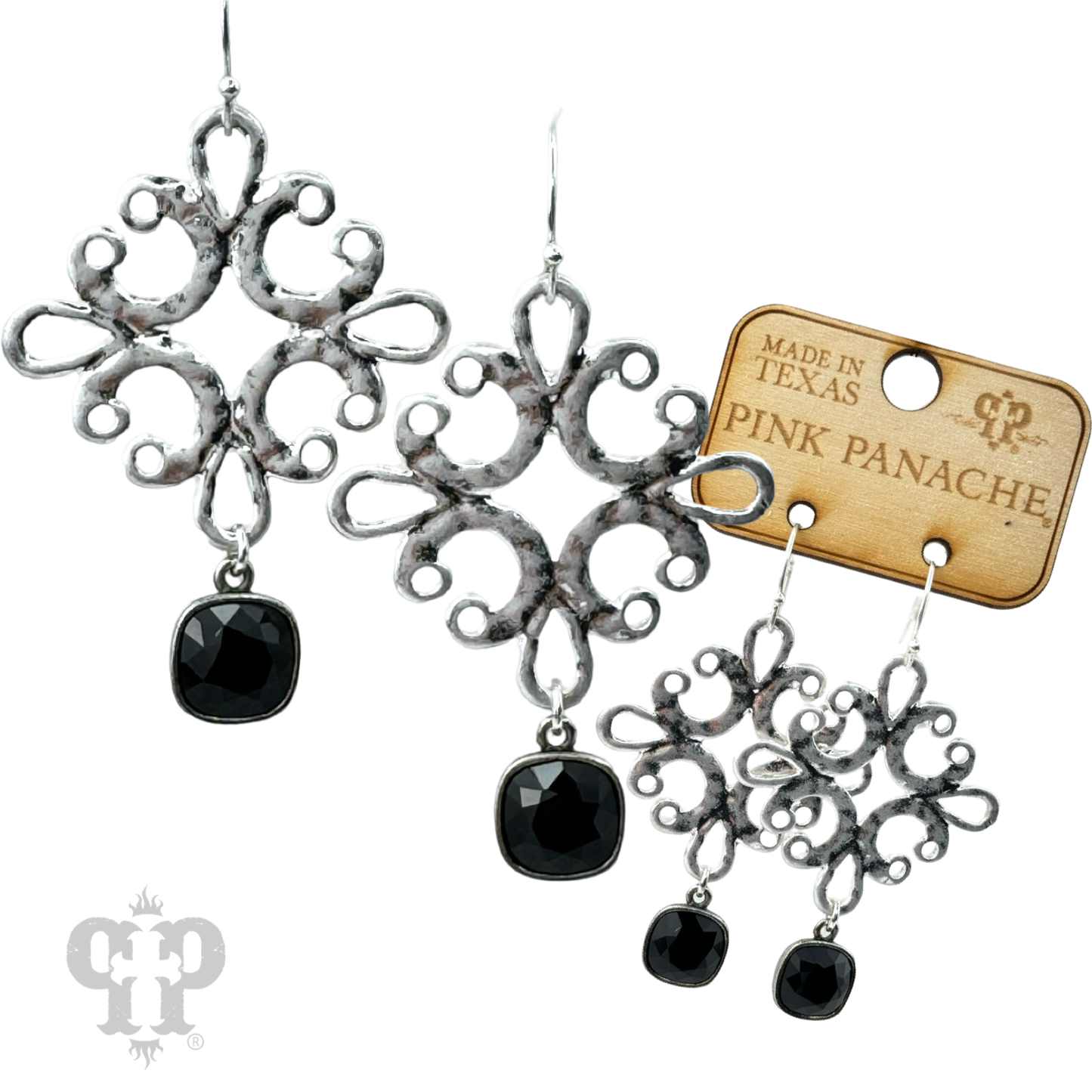 Matte silver scroll dangle earring with Austrian crystal