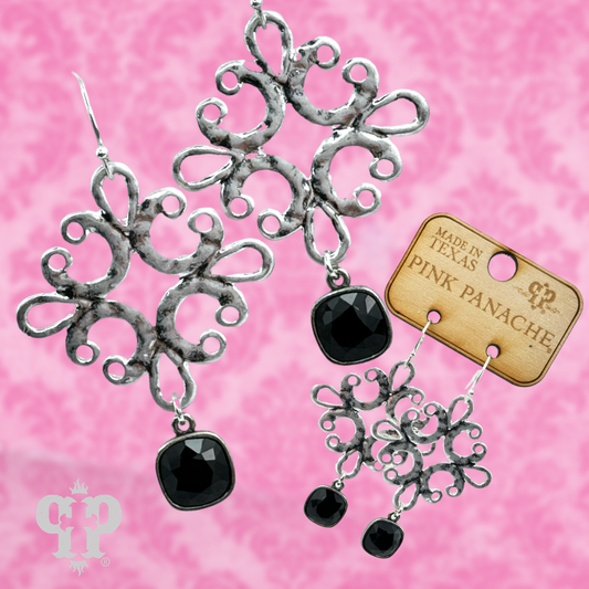 Matte silver scroll dangle earring with Austrian crystal