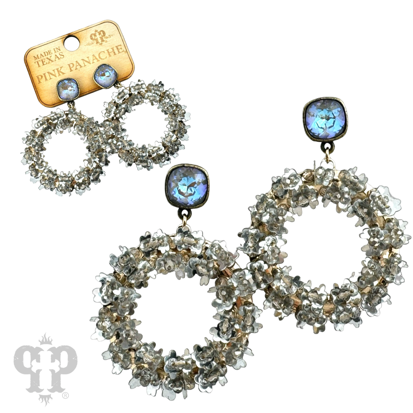Flower and seed bead wrapped circle earrings, Austrian crystal