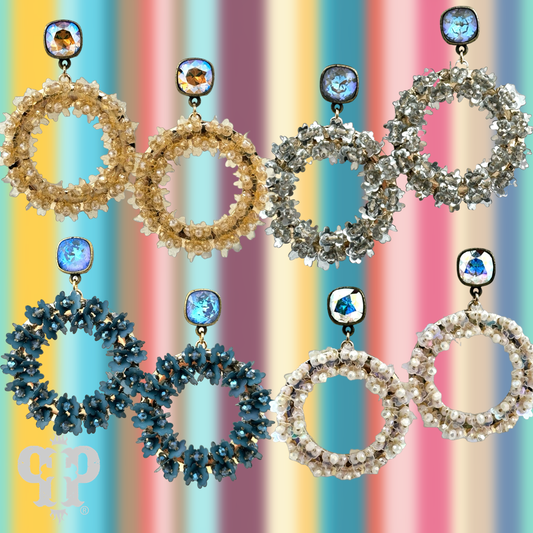 Flower and seed bead wrapped circle earrings, Austrian crystal