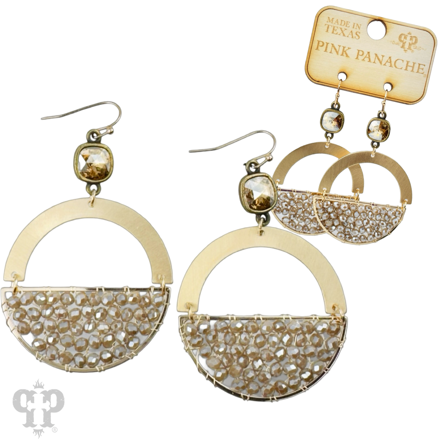 Gold beaded half circle and Austrian crystal dangle earring