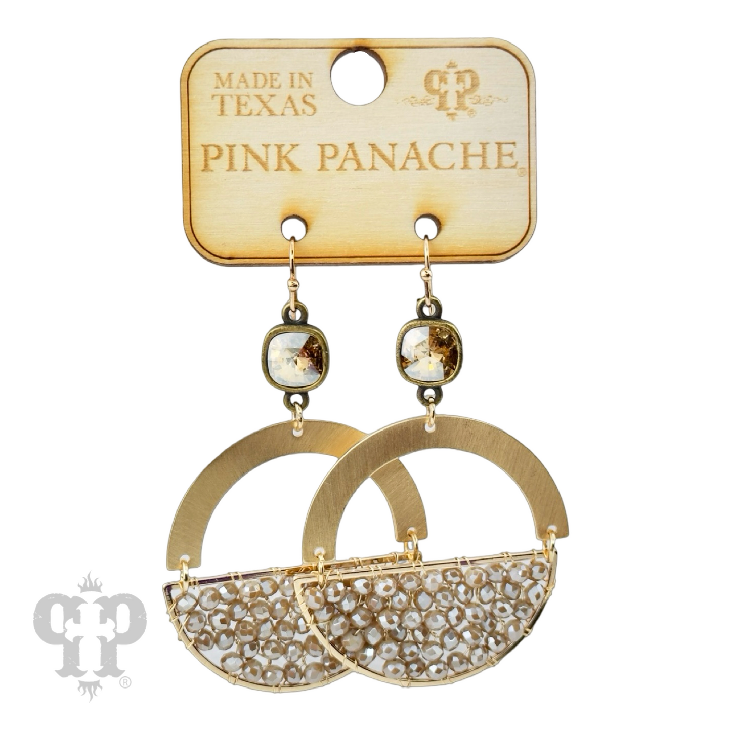 Gold beaded half circle and Austrian crystal dangle earring