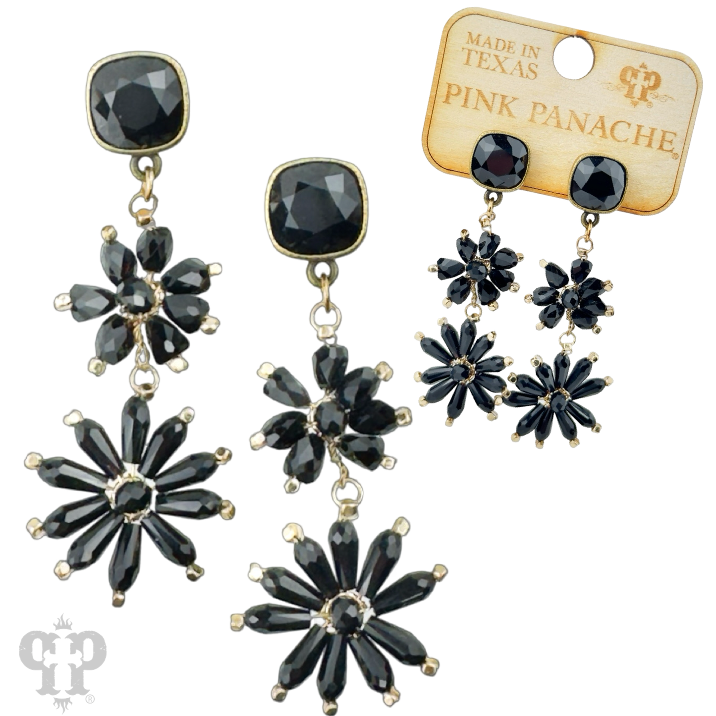Black flower bead and Austrian crystal dangle earring