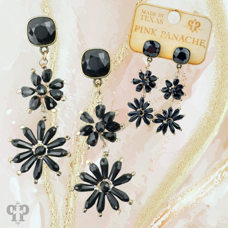 Black flower bead and Austrian crystal dangle earring