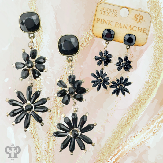 Black flower bead and Austrian crystal dangle earring