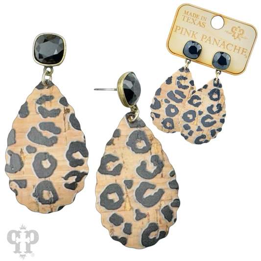 Leopard print cork teardrop and Austrian crystal dangle earring