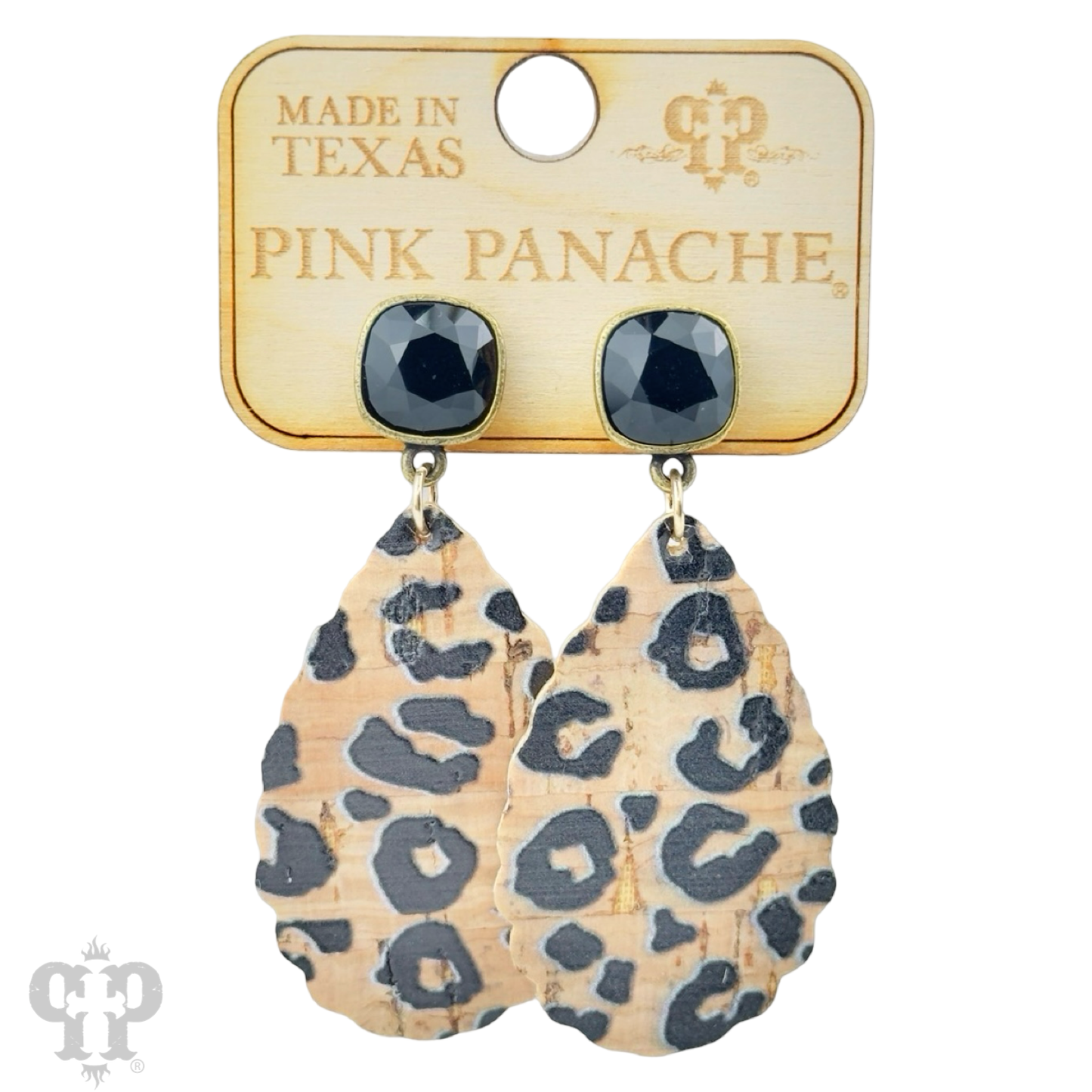 Leopard print cork teardrop and Austrian crystal dangle earring