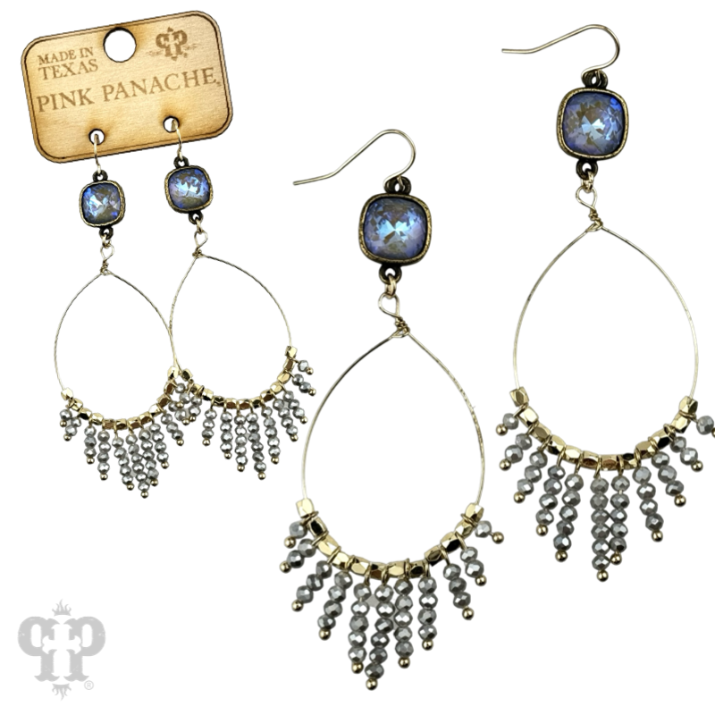 Faceted saucer bead fringe on teardrop earring, Austrian crystal