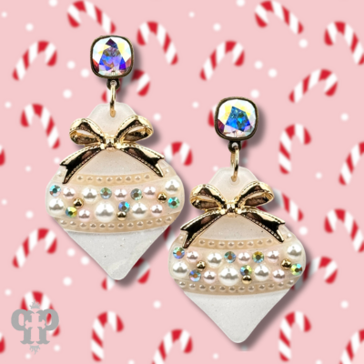 Iridescent pearl and bow Christmas ornament earring, Austrian crystal