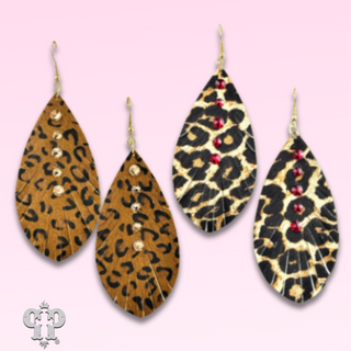 Leather animal print teardrop earring, Austrian crystals