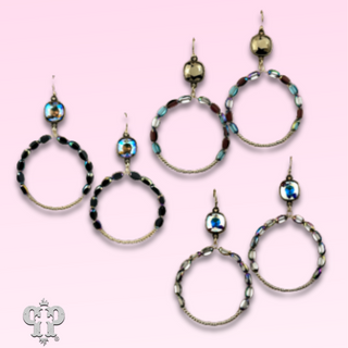 Flat oval and round bead circle, Austrian crystal earring