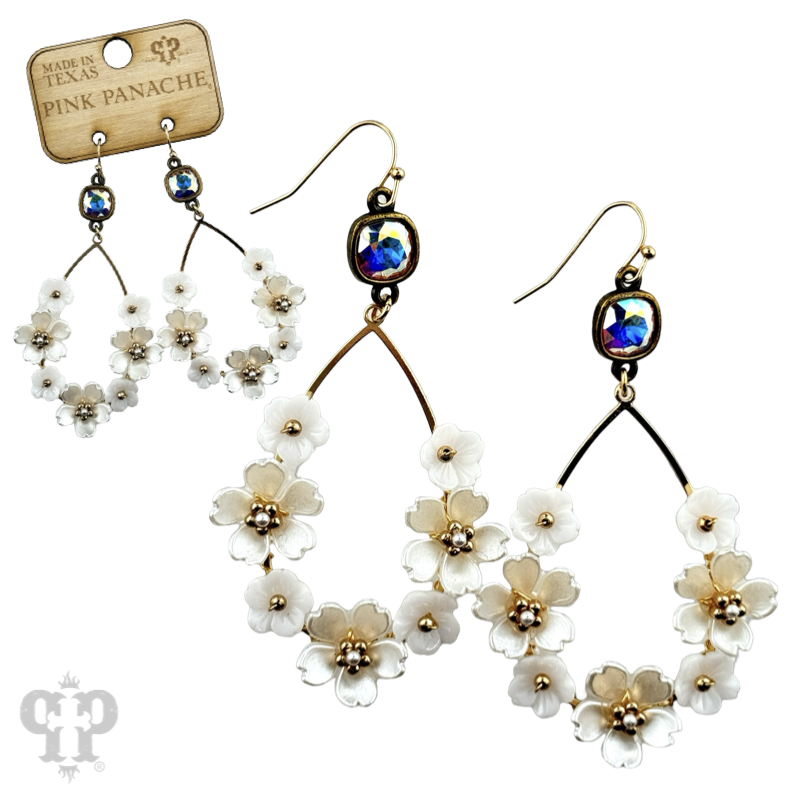 Iridescent pearl flower charm teardrop earring, Austrian crystal