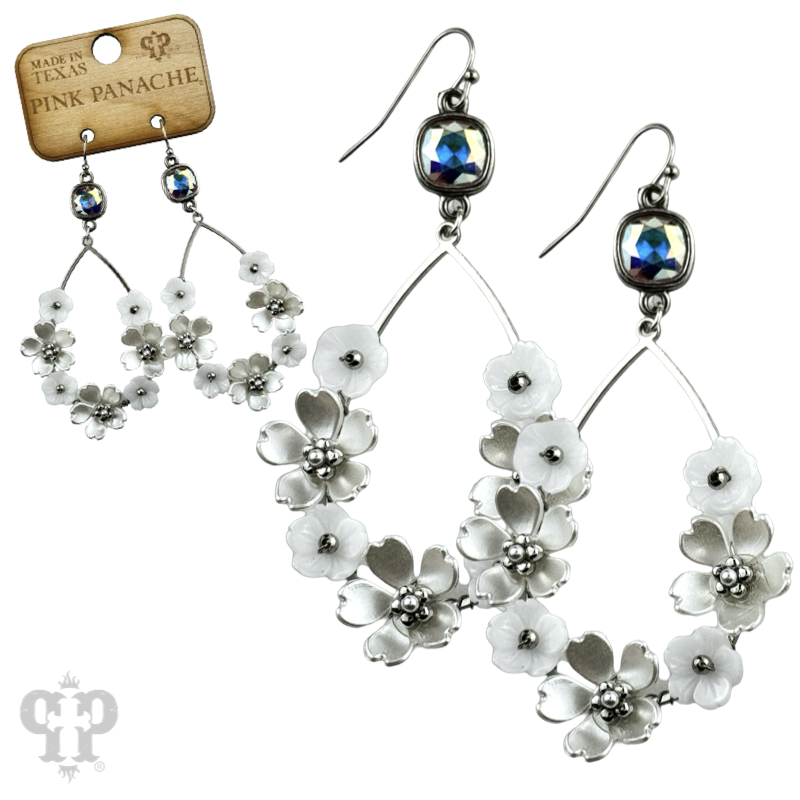 Iridescent pearl flower charm teardrop earring, Austrian crystal