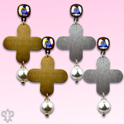 Cross earring with pearl bead and Austrian crystal
