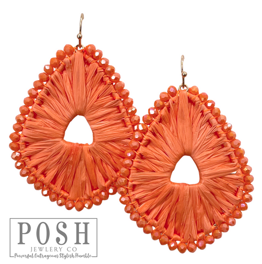 Raffia and bead wrapped teardrop earring, last call