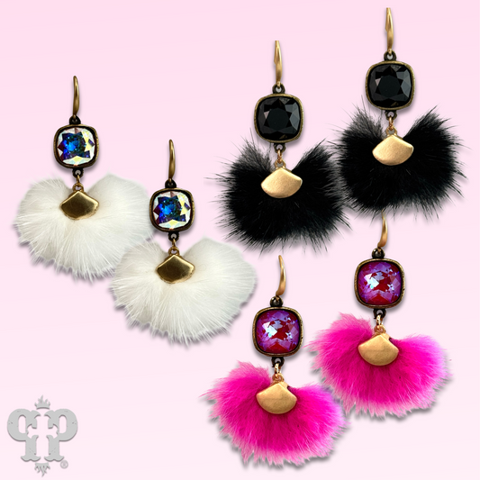 Fuzzy pom-pom earring with Austrian crystal