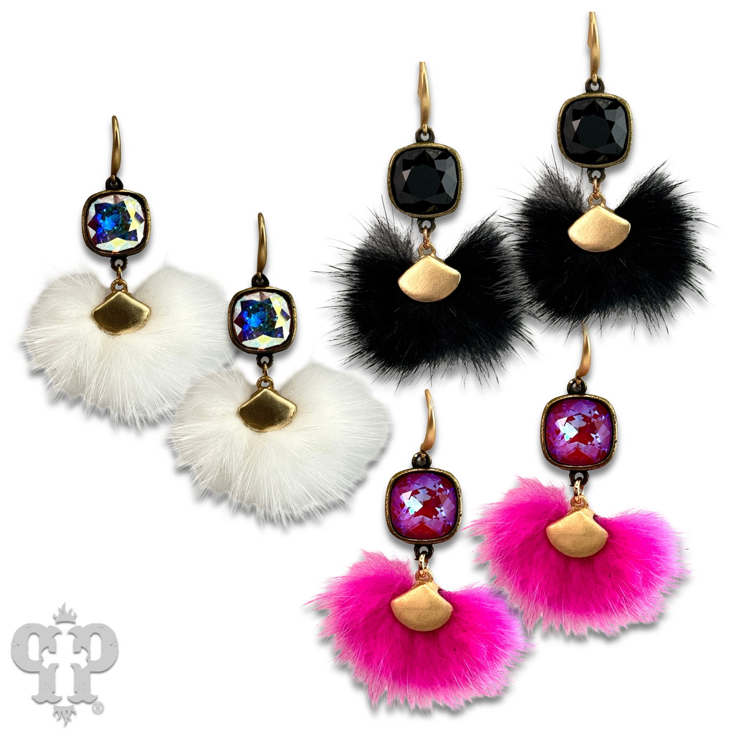 Fuzzy pom-pom earring with Austrian crystal