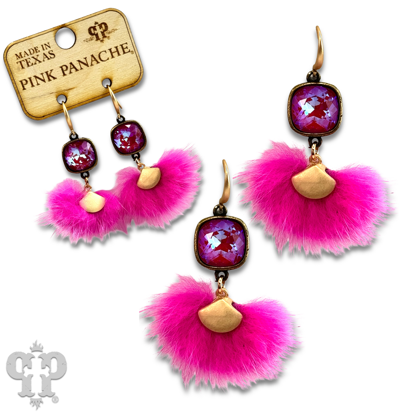 Fuzzy pom-pom earring with Austrian crystal