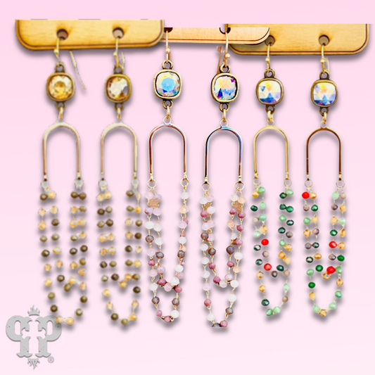 Linked bead mix and gold arch earring with Austrian crystal