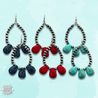 Burnished bead and stone teardrop earring