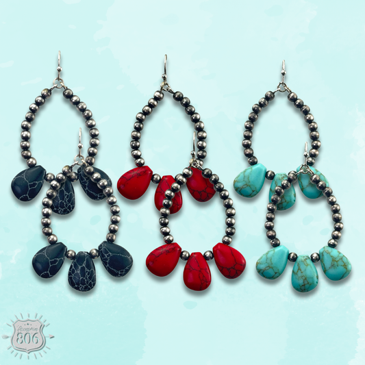 Burnished bead and stone teardrop earring