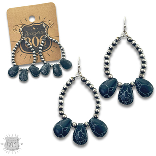 Burnished bead and stone teardrop earring