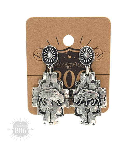 Buffalo stamped silver earring