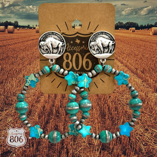 Turquoise tone bead, buffalo nickel earring