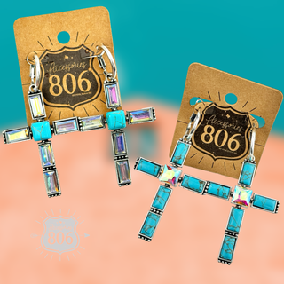 Turquoise and rhinestone cross earring