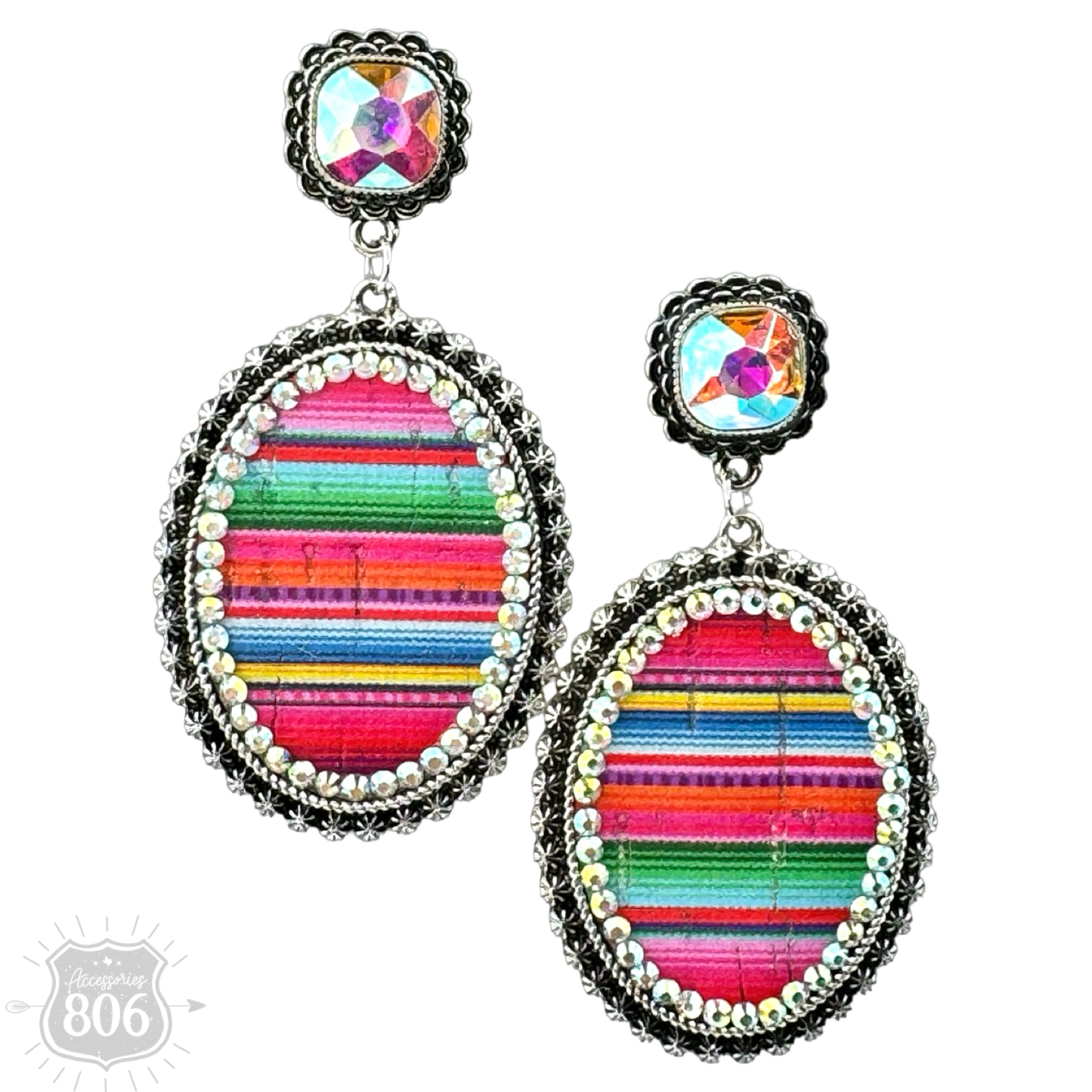 Serape filled oval rhinestone post dangle earring