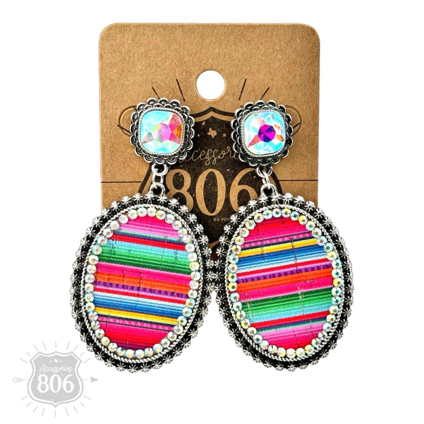 Serape filled oval rhinestone post dangle earring