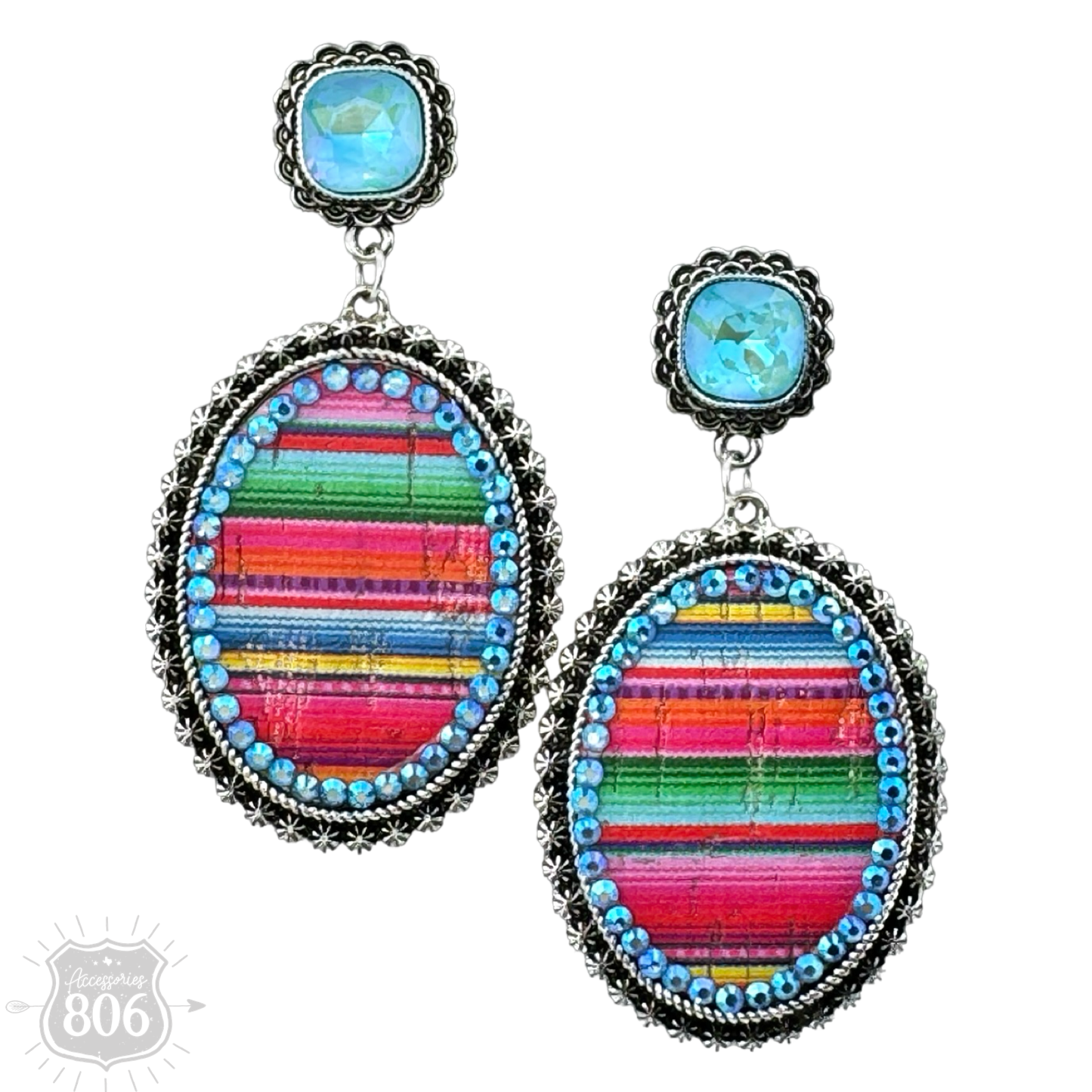 Serape filled oval rhinestone post dangle earring