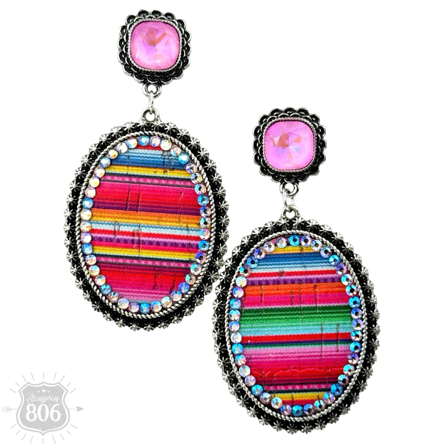 Serape filled oval rhinestone post dangle earring
