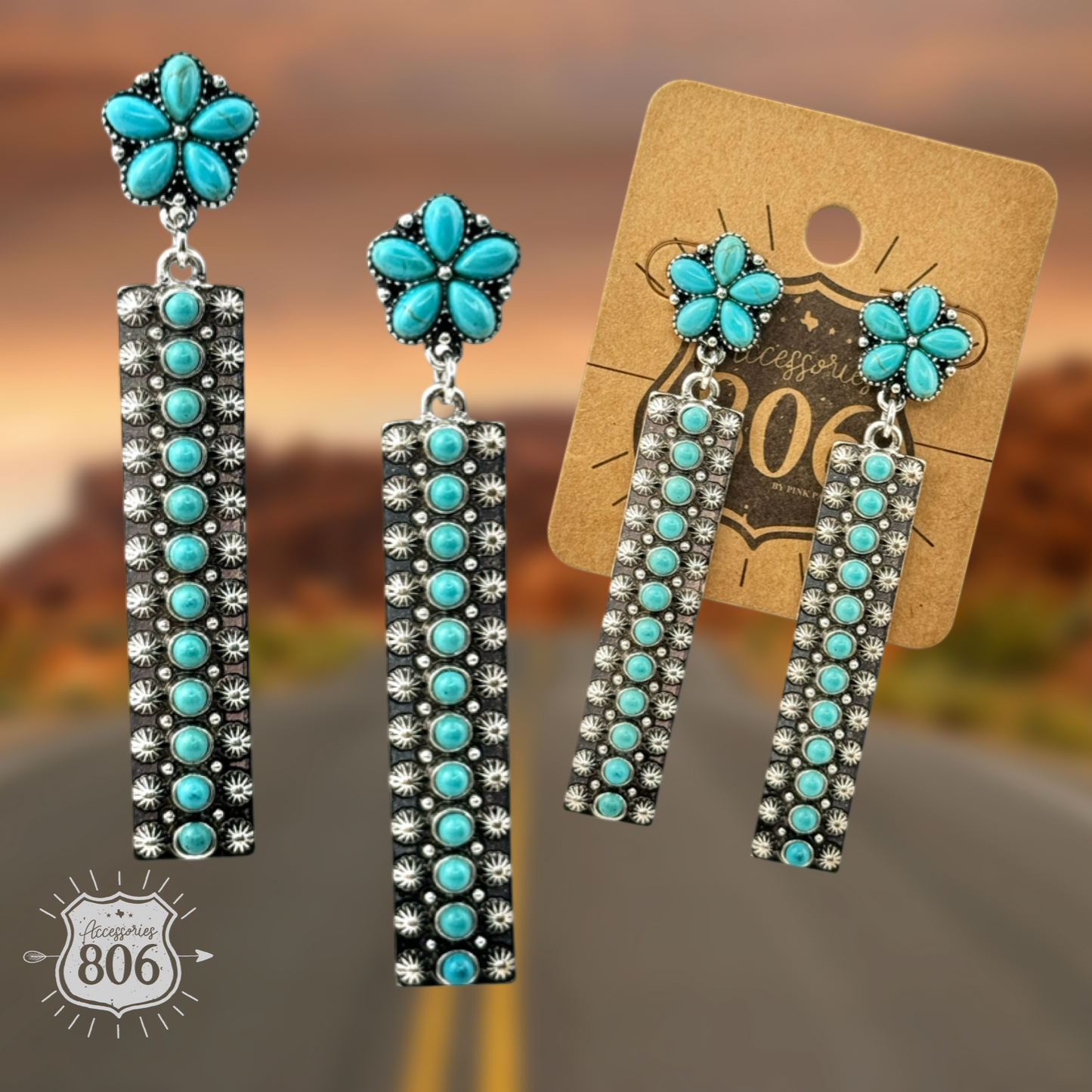 Western silver and stone bar earring