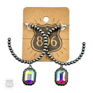 Navajo style bead hoop earring, octagon rhinestone charm