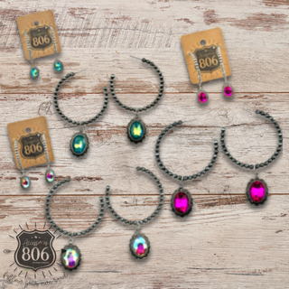 Navajo style bead hoop earring, oval rhinestone charm