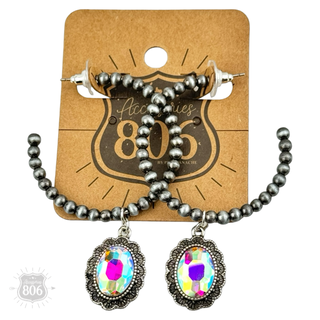 Navajo style bead hoop earring, oval rhinestone charm