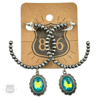 Navajo style bead hoop earring, oval rhinestone charm
