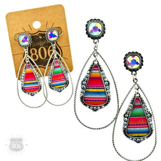 Western serape teardrop earring, square rhinestone post