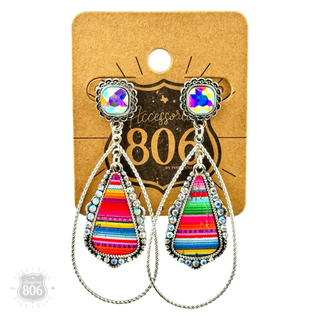 Western serape teardrop earring, square rhinestone post