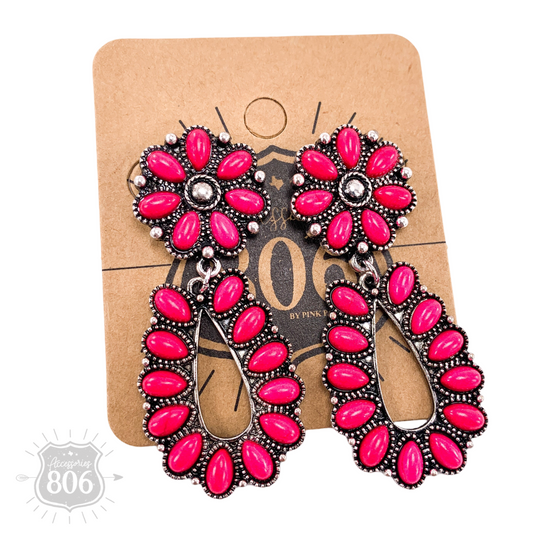 Western fuchsia teardrop and flower concho dangle earring