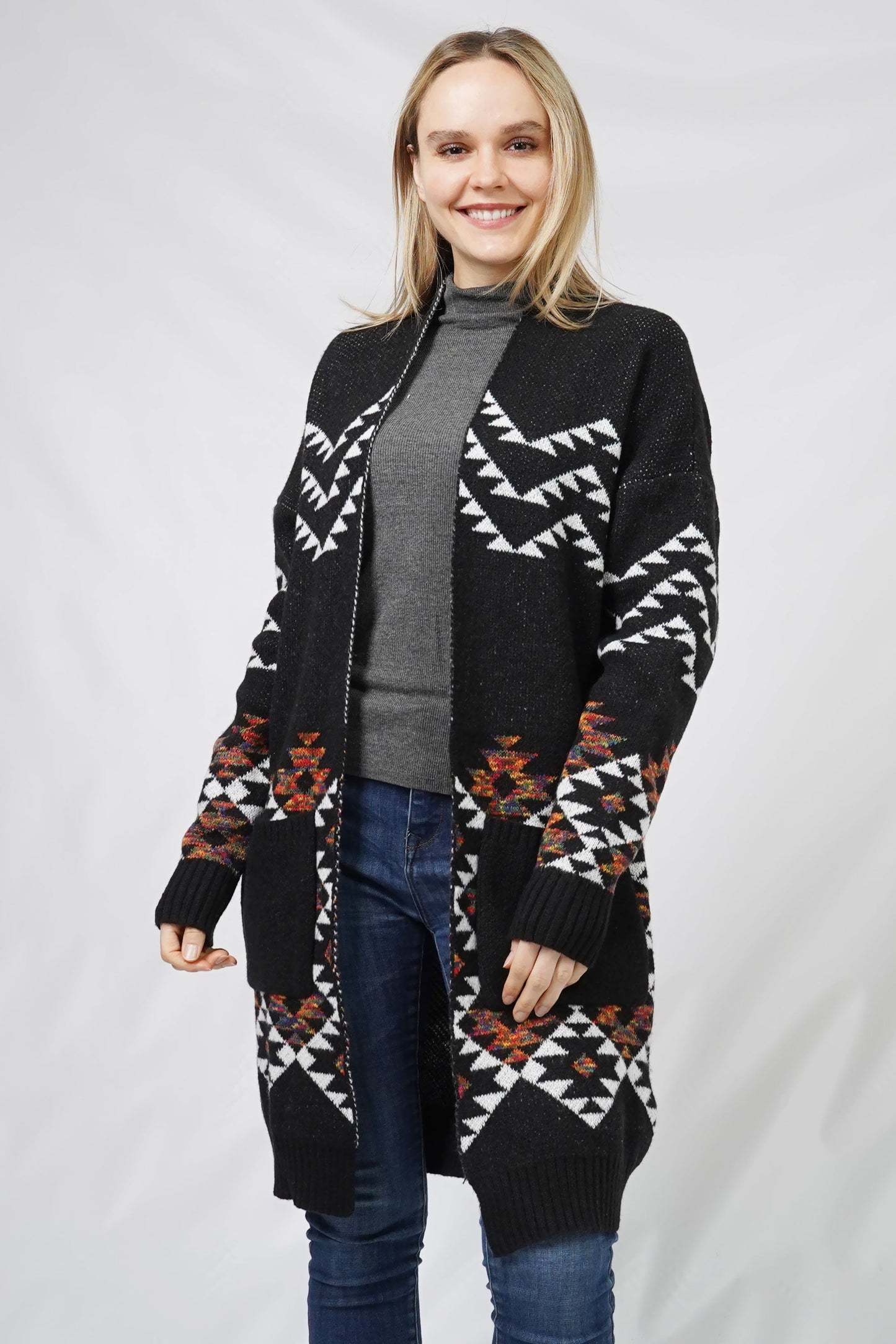 Aztec pattern long cardigan, last call