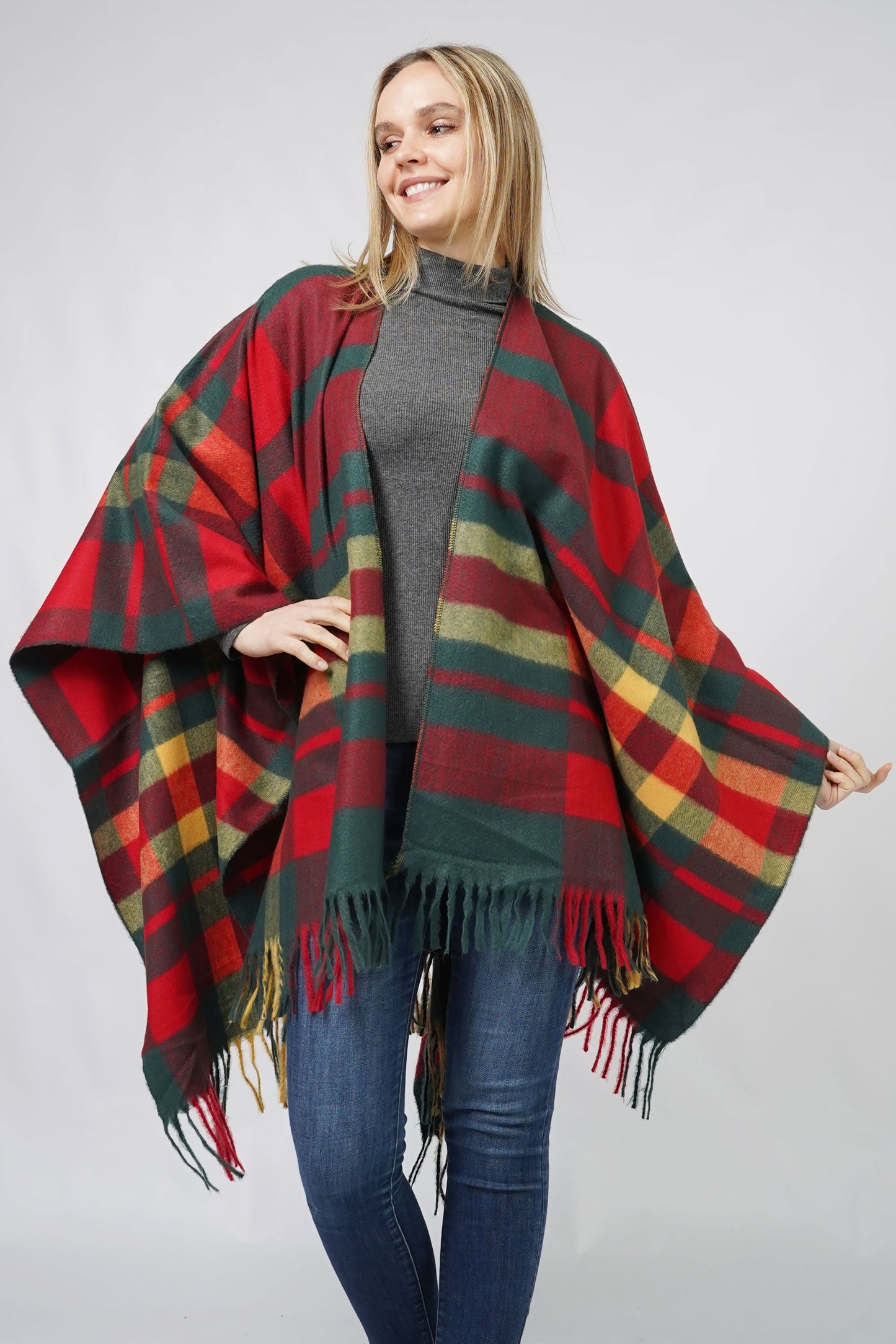 Plaid cape with fringe, last call