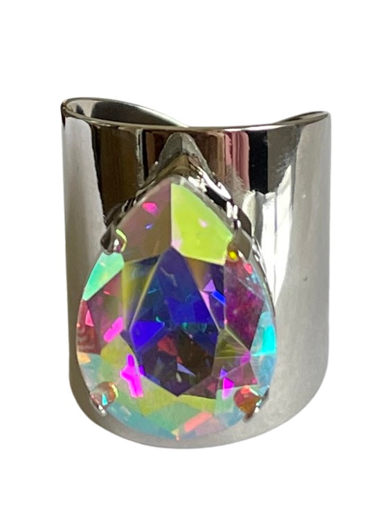 Iridescent rhinestone teardrop silver ring